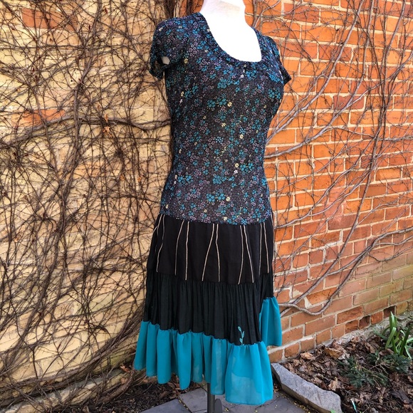 Teal Black EMBODY Dress Flared Boho Festival Small - Picture 4 of 10